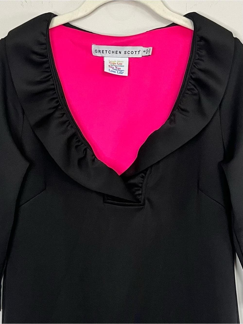Gretchen Scott Ruffle Neck Black Shift Dress Pink Contrast Small Preppy Office - Picture 4 of 8